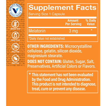 Supplement Facts label for Melatonin for Sleep Support 3 MG