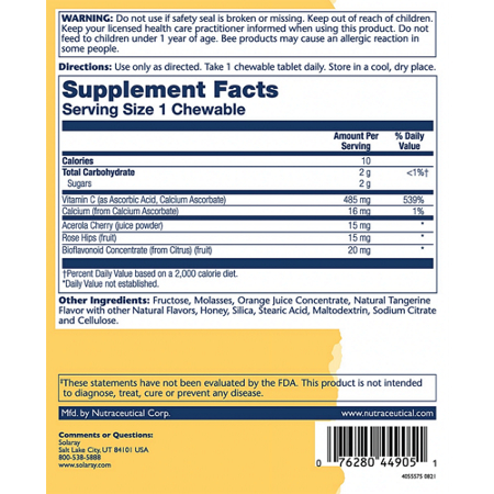 Supplement Facts label for Solaray Chewable Vitamin C 500 MG Orange wafers