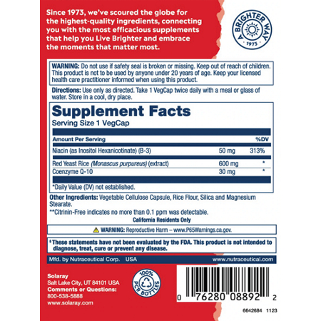 Supplement Facts label for Solaray Red Yeast Rice CoQ10 with Flush Free Niacin