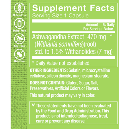 Supplement Facts label for Ashwagandha Extract 470 MG capsules