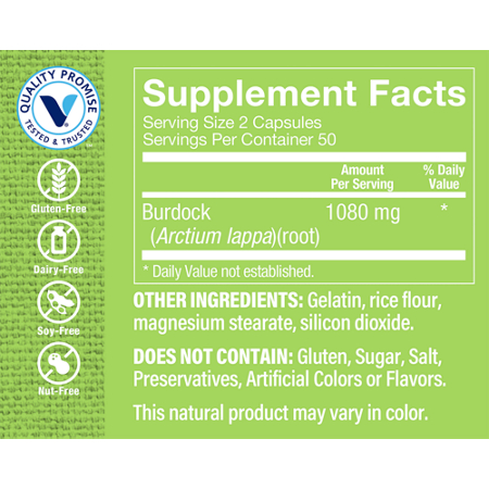 Supplement Facts label for Burdock Root capsules 1080 MG