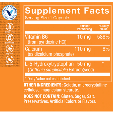 Supplement Facts label for 5-HTP with Vitamin B6 for Mood Support 50 MG