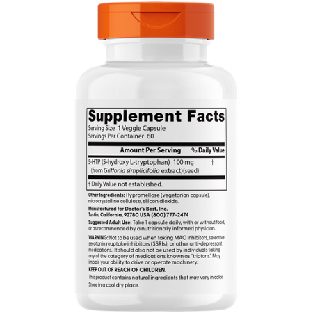 Supplement Facts label for Doctors Best 5-HTP Vegan Capsules 100 MG