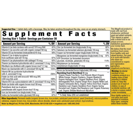 Supplement Facts label for Megafood Womens One Daily Multivitamin Tablets