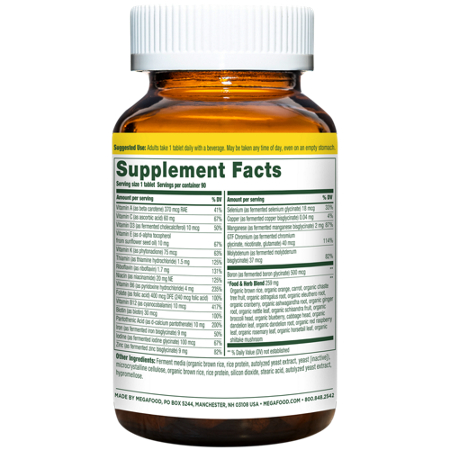 Supplement Facts label for Megafood Womens One Daily Multivitamin Tablets