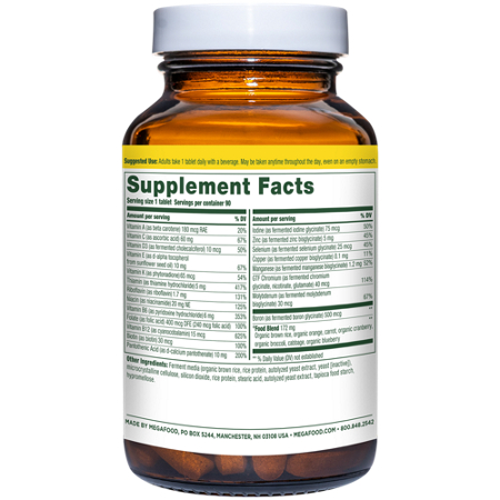 Supplement Facts label for Megafood Once Daily Multivitamin Iron Free