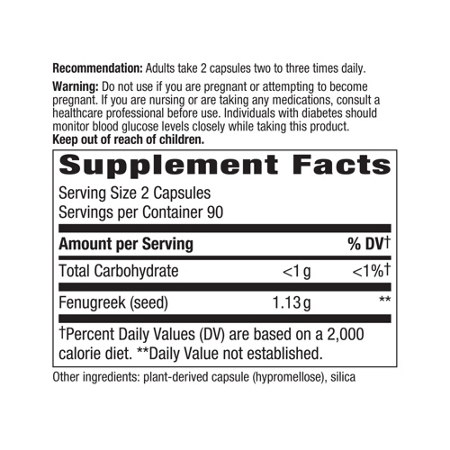 Supplement Facts label for Natures Way Fenugreek Seed Vegan Capsules