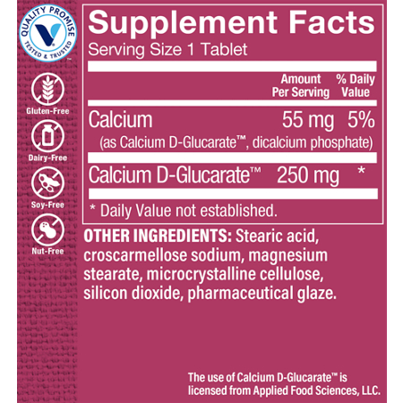 Calcium D-Glucarate Supplement Label, 250 MG