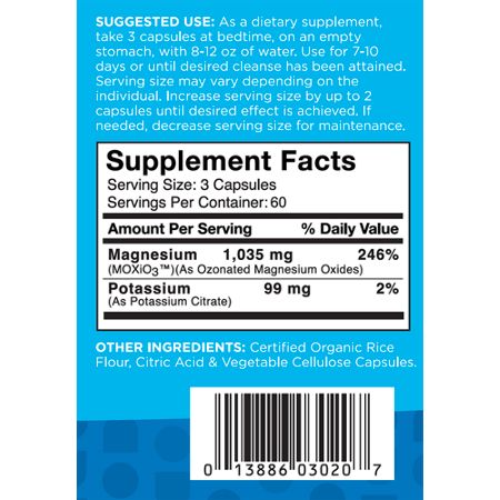 Supplement Facts label for Try Mag 07 Oxygen Cleanse Capsules