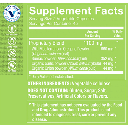 Supplement Facts label for Wild Oregano Complex Immune Support Capsules 1100 MG