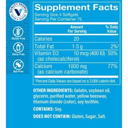 Supplement Facts label for Calcium 1000 Minis Easy-to-Swallow Softgels 1000 MG