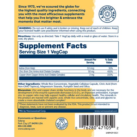 Supplement Facts label for Solaray Zinc Copper Supplement