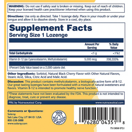 Solaray Vitamin B-12 Cherry Lozenges Supplement Label