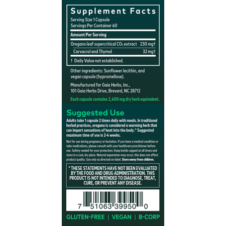 Supplement Facts label for Gaia Herbs Oil of Oregano