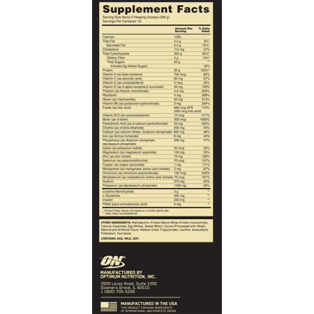 Supplement Facts label for Optimum Nutrition Serious Mass Powder