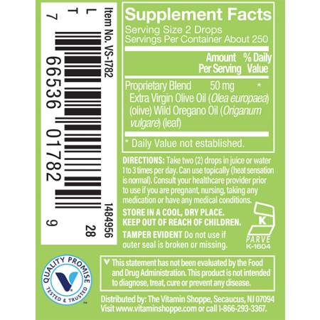 Supplement Facts label for Oil of Oregano Drops Supplement 50 MG