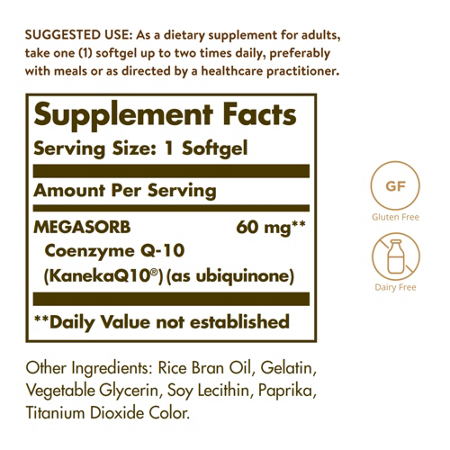 Supplement Facts label for Solgar CoQ10 softgels 60 MG