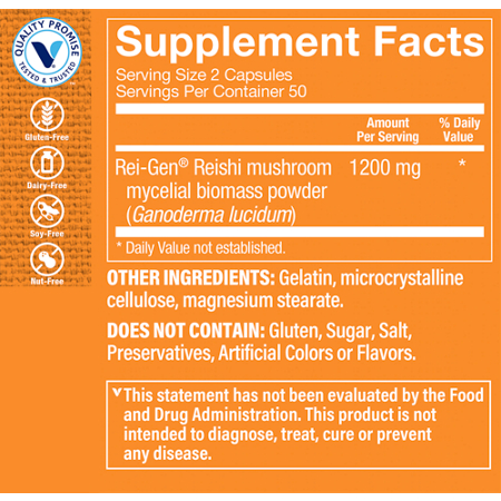 Supplement Facts label for Reishi Mushroom Immune Support 1200 MG