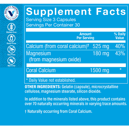 Supplement Facts label for Coral Calcium Capsules 1500 MG