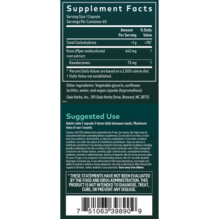 Gaia Herbs Kava Kava Root Capsules Supplement Facts