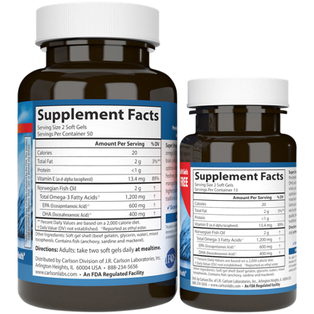 Supplement Facts label for Carlson Omega 3 Fish Oil Softgels