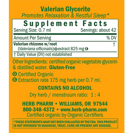 Supplement Facts label for Herb Pharm Organic Valerian Extract