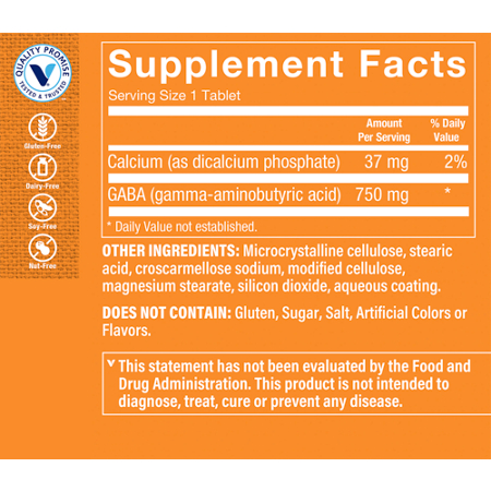 Supplement Facts label for GABA for Relaxation & Focus tablets 750 MG