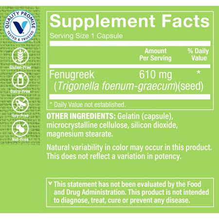 Supplement Facts label for Fenugreek Seed Blood Sugar Support 610 MG