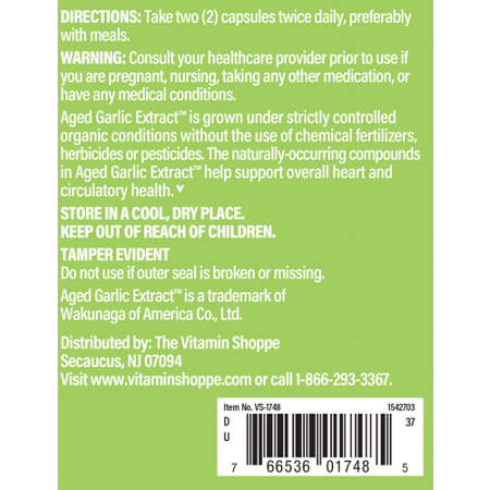 Directions for The Vitamin Shoppe Odorless Aged Garlic Extract Capsules 600 MG