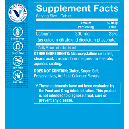Supplement Facts label for Calcium Citrate Tablets 300 MG