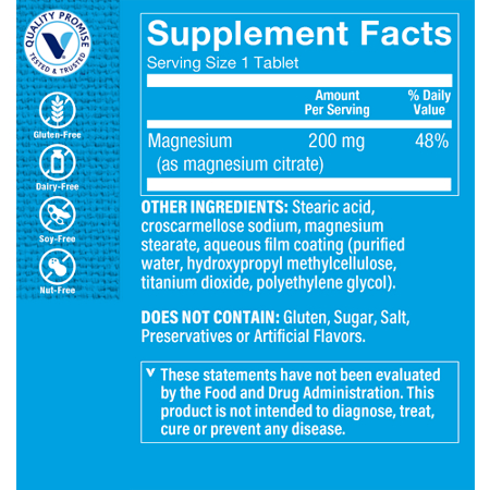 Supplement Facts label for Magnesium Citrate Tablets 200 MG