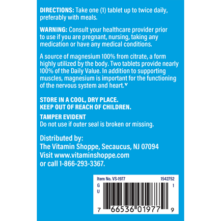 Directions for The Vitamin Shoppe Magnesium Citrate Tablets 200 MG
