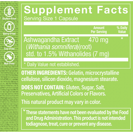 Supplement Facts label for Ashwagandha Extract Capsules 470 MG