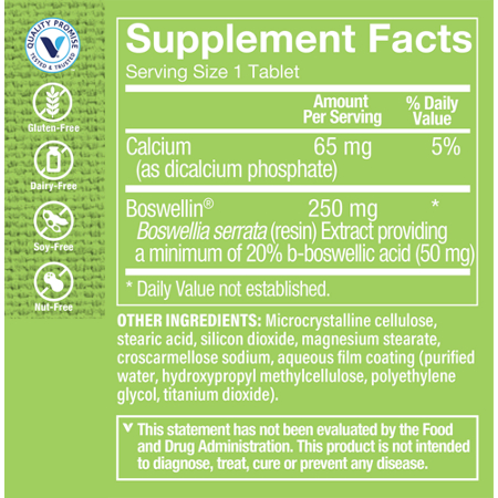 Supplement Facts label for Boswellia Serrata Tablets