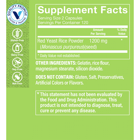 Supplement Facts label for Red Yeast Rice Products Red Yeast Rice 1200 MG