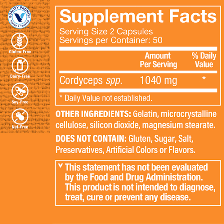 Supplement Facts label for Cordyceps Mushroom Supplement 1040 MG
