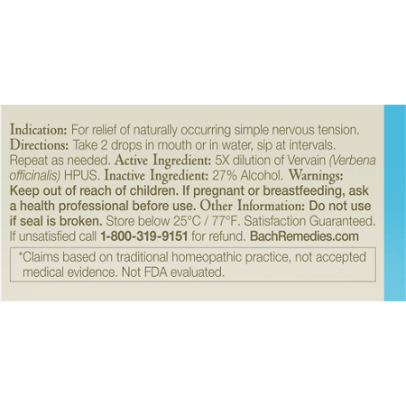 Directions for Bach Vervain for Relaxation and Calm Dropper 20mL