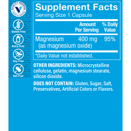 Supplement Facts label for Magnesium Oxide 400 MG