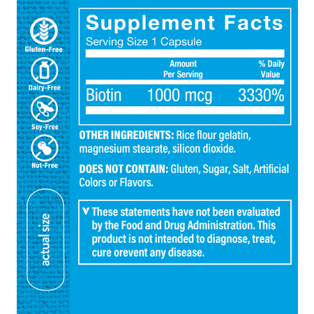Supplement Facts label for Biotin for Hair Skin and Nail Support 1 MG