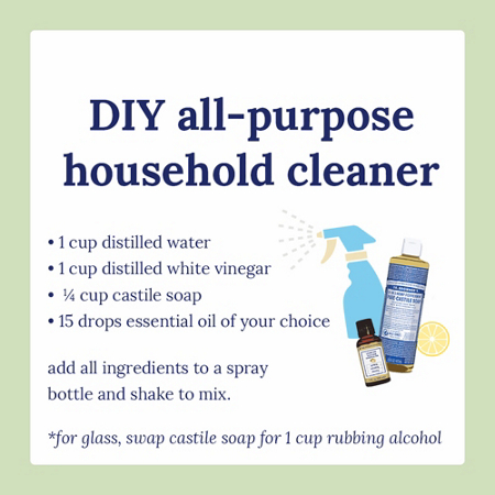 DIY all-purpose household cleaner recipe with essential oil bottle illustration
