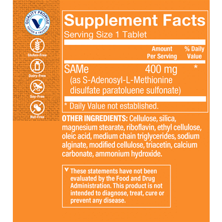 Supplement Facts label for SAMe Mood Joint and Liver Support tablets 400 MG