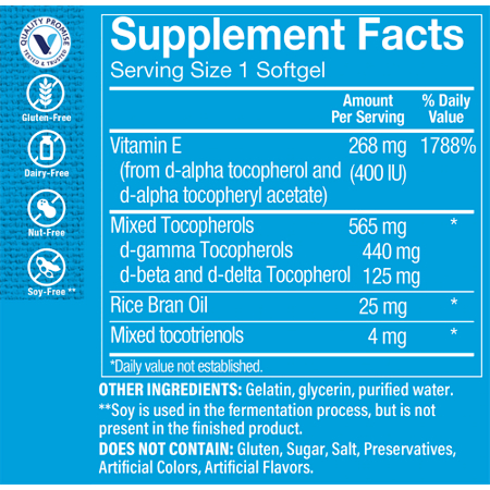 Supplement Facts label for High Gamma Vitamin E 400 IU Softgels