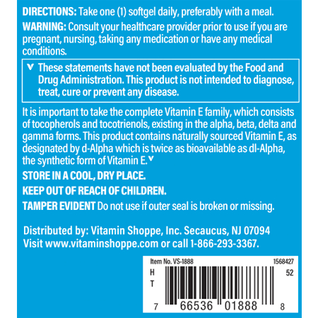 Directions for The Vitamin Shoppe High Gamma Vitamin E 400 IU