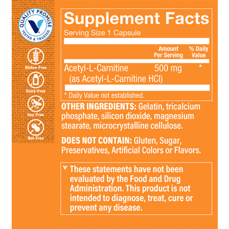 Supplement Facts label for L-Carnitine Supplements Acetyl L-Carnitine 500 mg