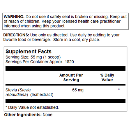 Supplement Facts label for KAL Pure Stevia Extract Powder