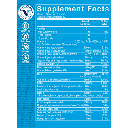 Supplement Facts label for Liquid Multivitamin Natural Orange Vanilla Flavor