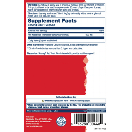 Supplement Facts label for Solaray Red Yeast Rice 600 MG