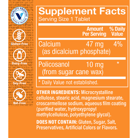 Supplement Facts label for The Vitamin Shoppe Policosanol Tablets 10 MG