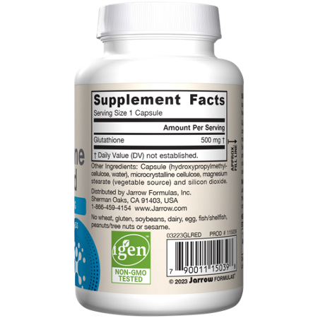 Supplement Facts label for Jarrow Formulas Glutathione Reduced 500 MG capsules