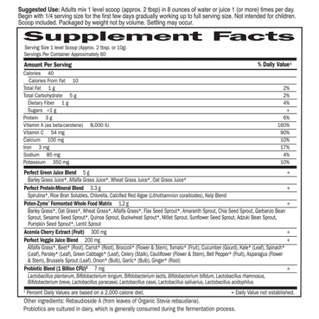 Supplement Facts label for Garden of Life Super Green Powder